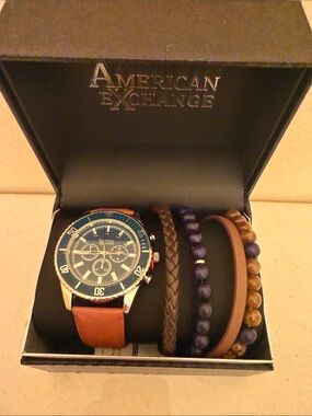 American Exchange Blue Dial Watch with Brown Leather Strap and Bracelet Set
